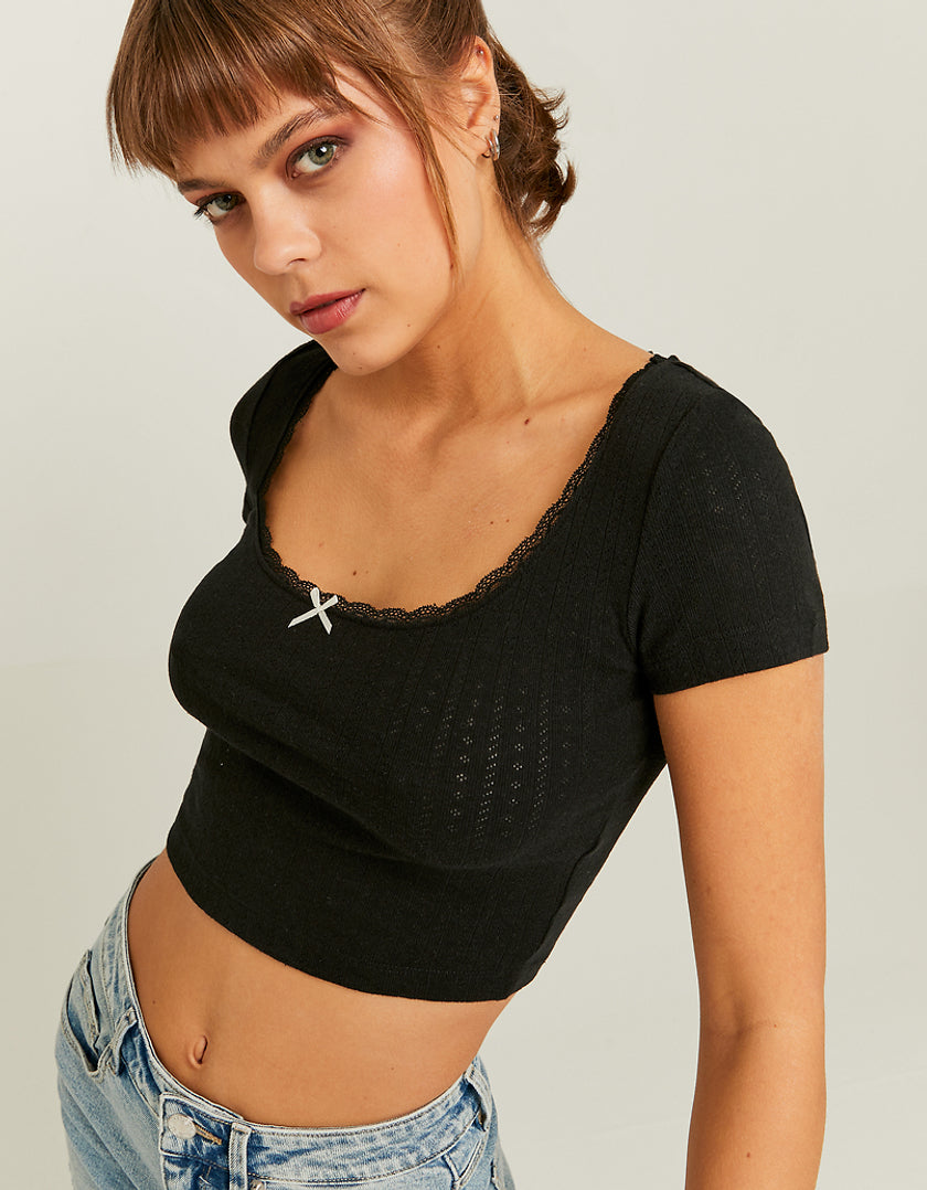 Ladies Cropped Black Basic Pointelle T-Shirt-Close Up of Front