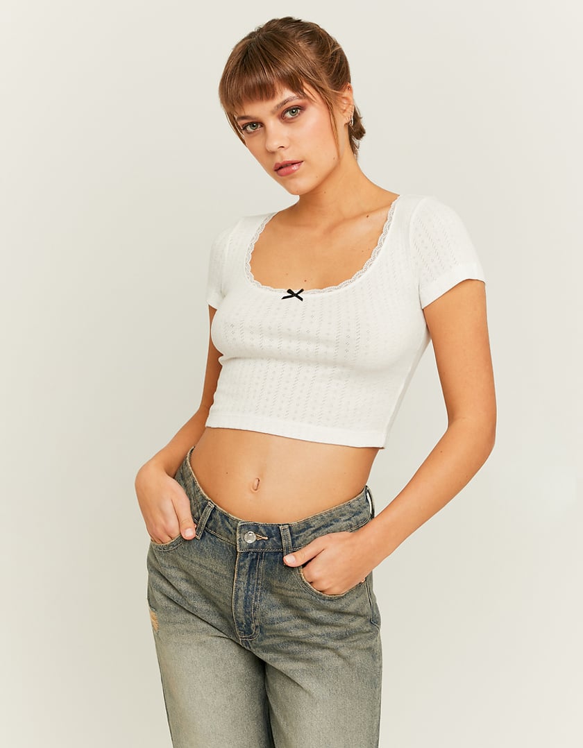 Ladies Cropped White Basic Pointelle T-Shirt-Model Front View