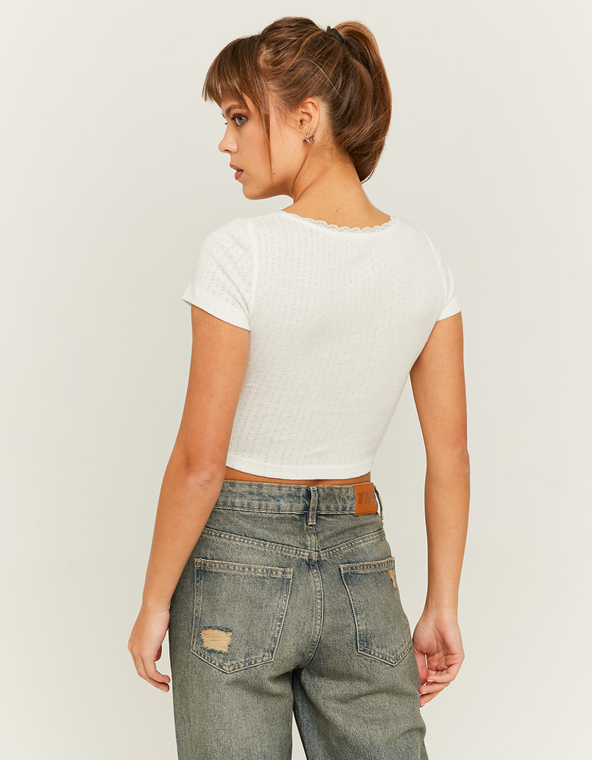 Ladies Cropped White Basic Pointelle T-Shirt-Model Back View