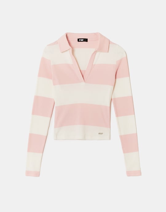 Ladies Pink / White T-Shirt With Long Sleeves-Ghost Front View