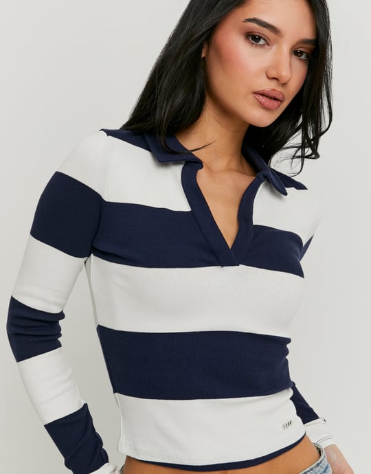 Ladies White / Navy T-Shirt With Long Sleeves-Closer View of the Front