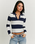 Tally Weijl White / Navy T-Shirt With Long Sleeves White/Navy front view