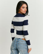 Tally Weijl White / Navy T-Shirt With Long Sleeves White/Navy back view