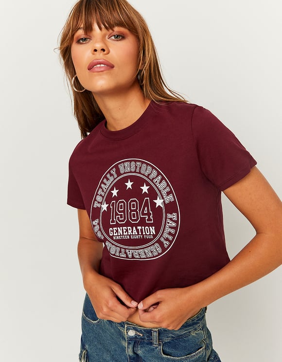 Printed Cropped T-Shirt - Burgundy
