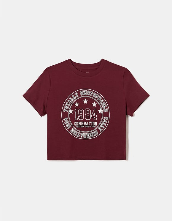 Printed Cropped T-Shirt - Burgundy