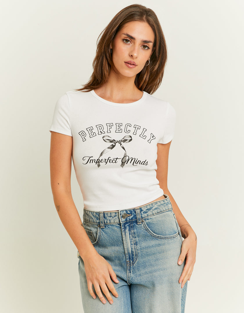 Ladies White Perfectly Imperfect Minds Printed Tee-Model Front View