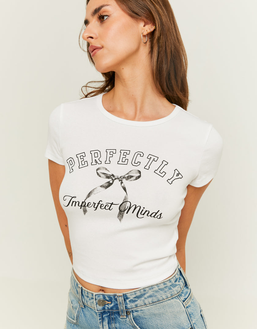 Ladies White Perfectly Imperfect Minds Printed Tee-Closer View of Front