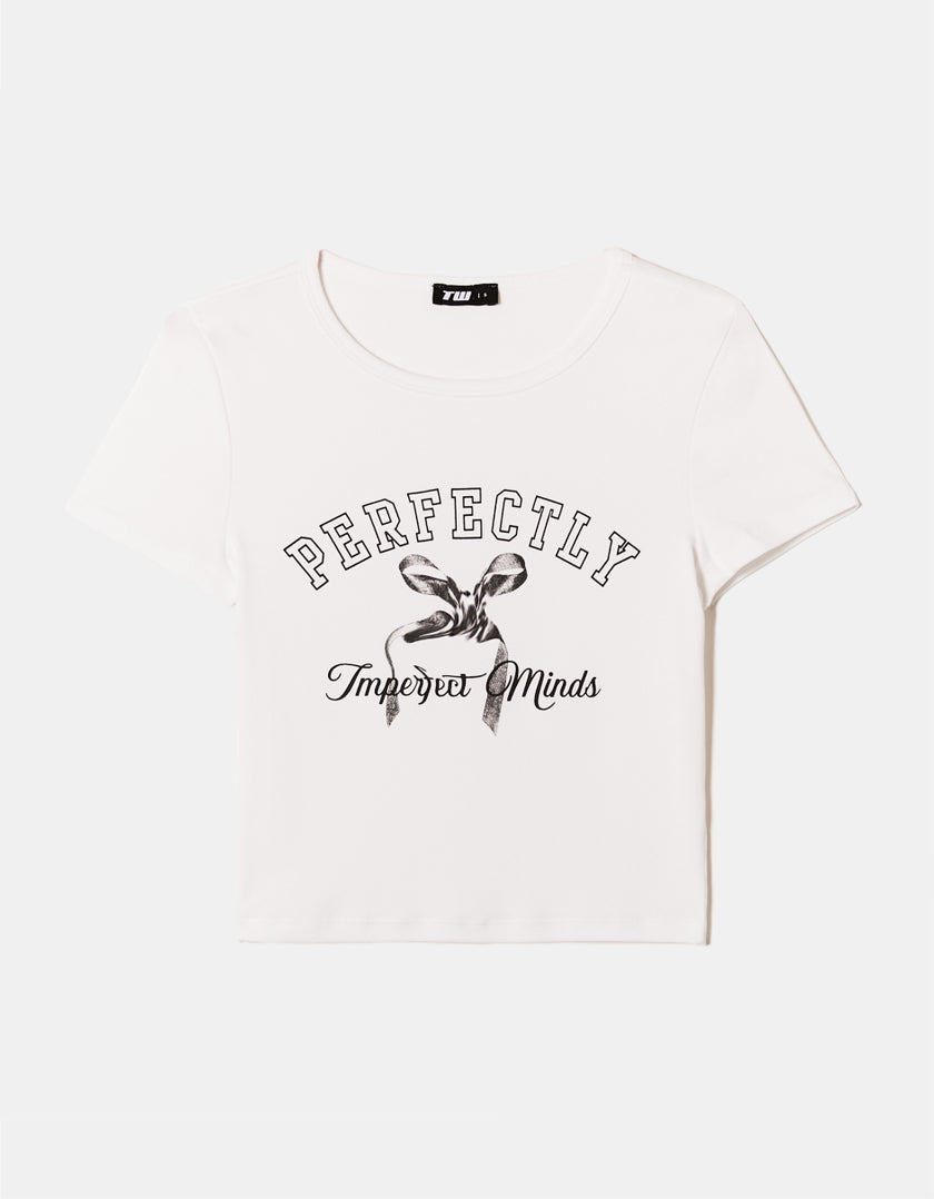 Ladies White Perfectly Imperfect Minds Printed Tee-Front View