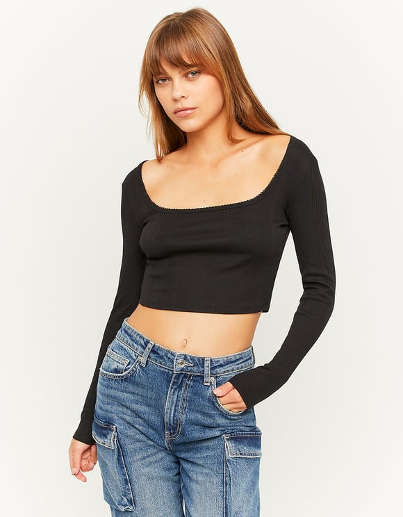 Ladies Black Basic Long Sleeve T-Shirt-Model Front View