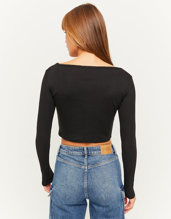 Ladies Black Basic Long Sleeve T-Shirt-Model Back View