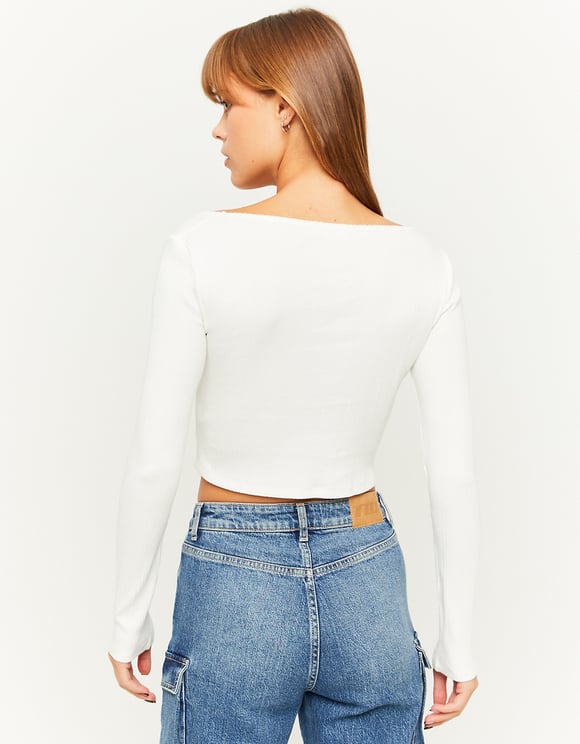 Ladies White Basic Long Sleeve T-Shirt-Model Back View