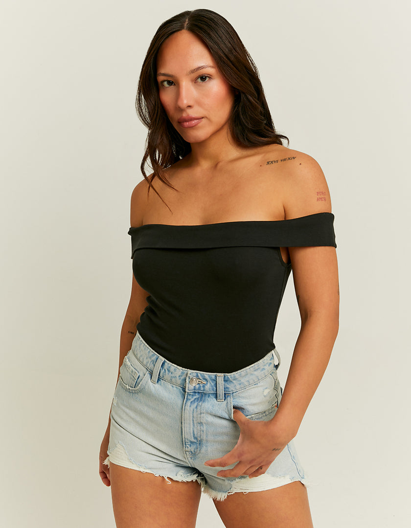 Ladies Off Shoulder Black Basic Top-Model Front View