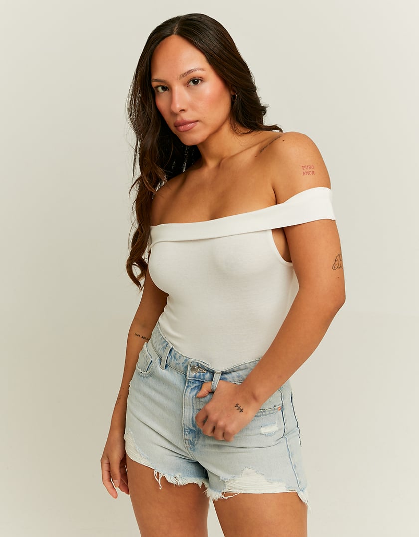 Ladies Off Shoulder White Basic Top-Model Front View