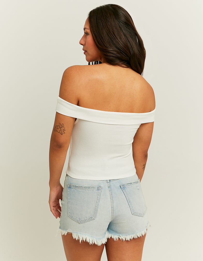 Ladies Off Shoulder White Basic Top-Model Back View