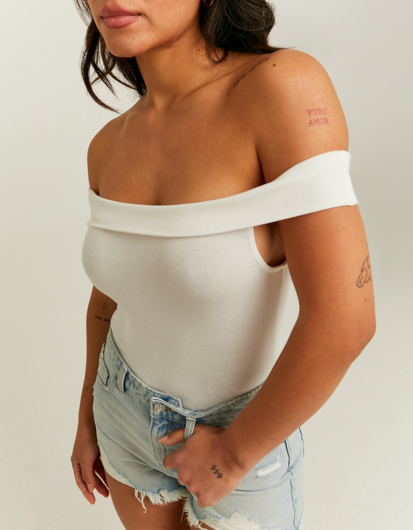 Ladies Off Shoulder White Basic Top-Closer View of Front