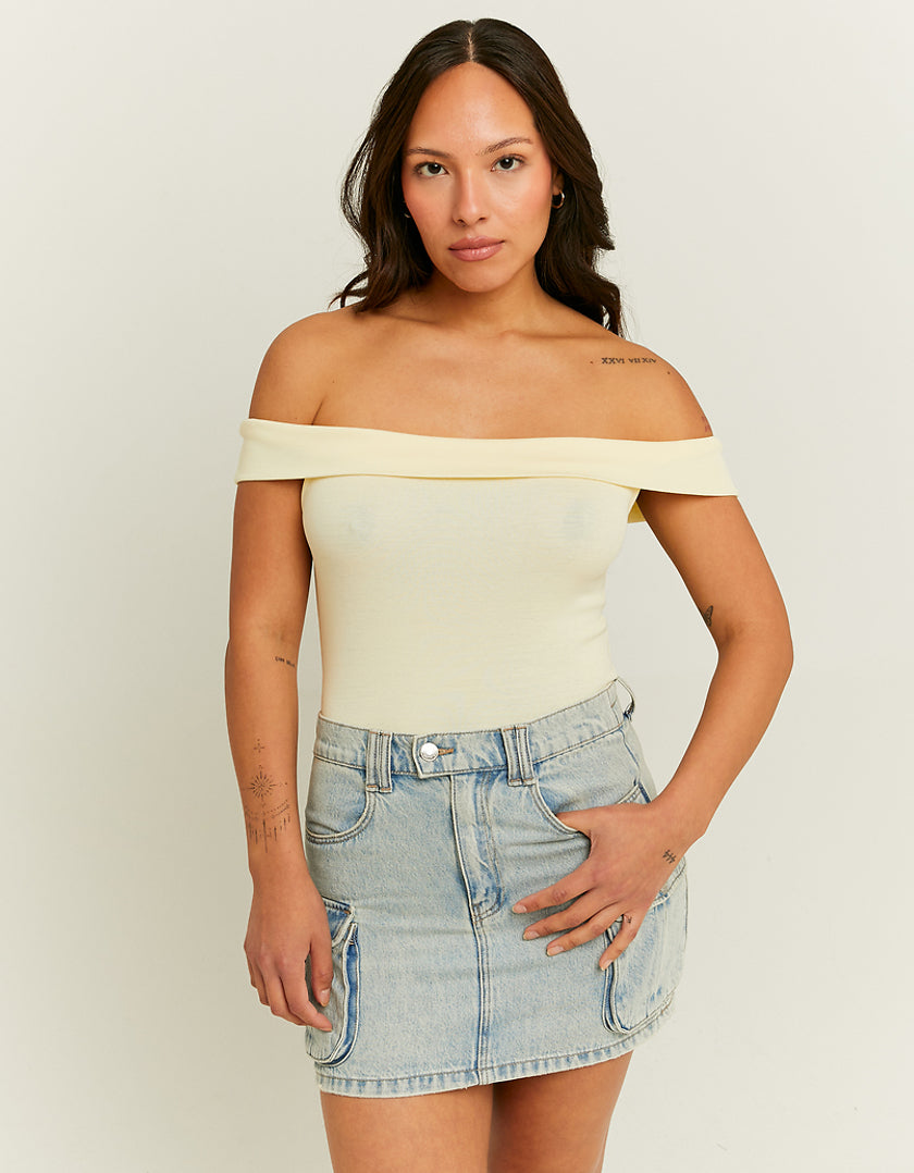 Ladies Off Shoulder Yellow Basic Top-Model Front View