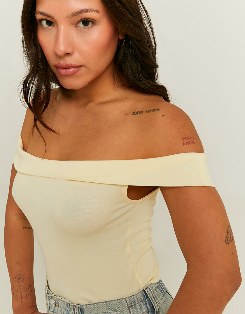 Ladies Off Shoulder Yellow Basic Top-Closer View of Front