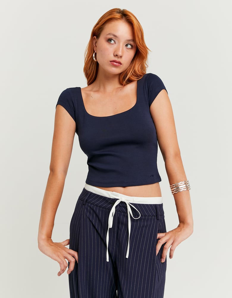 Ladies Navy T-Shirt With Square Neckline-Model Front View