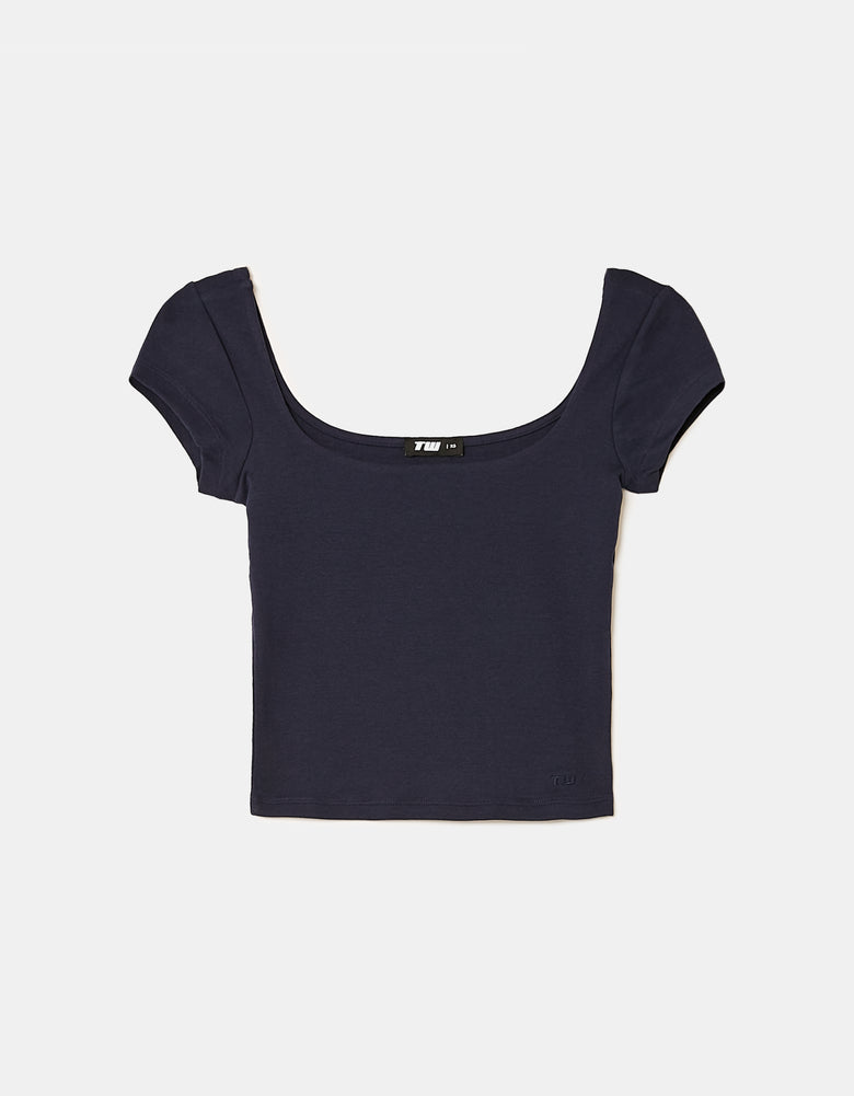 Ladies Navy T-Shirt With Square Neckline-Ghost Front View