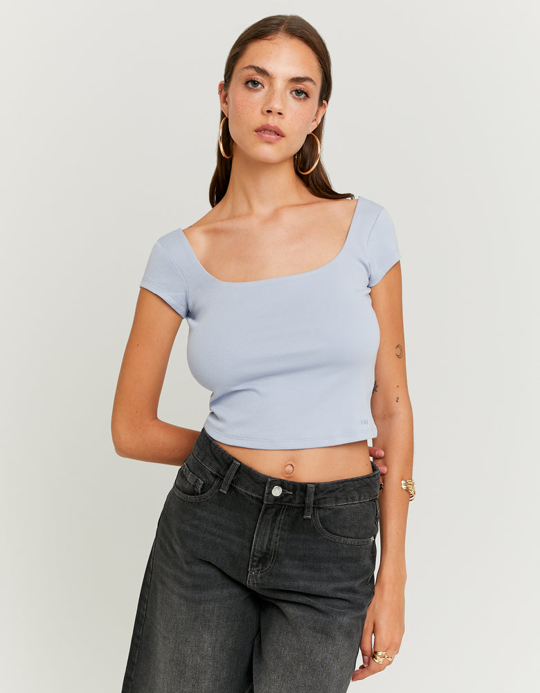 Ladies Blue T-Shirt With Square Neckline-Model Front View