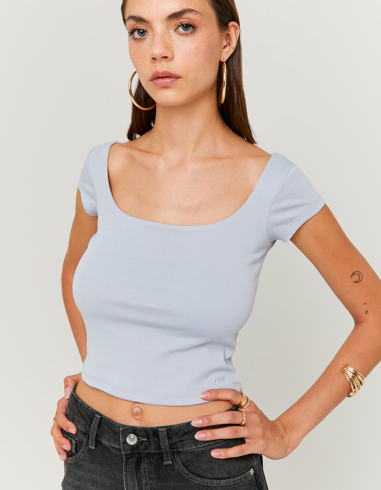 Ladies Blue T-Shirt With Square Neckline-Closer View of the Front