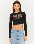 Tally Weijl Black Guns & Roses Cropped T-Shirts Black front view