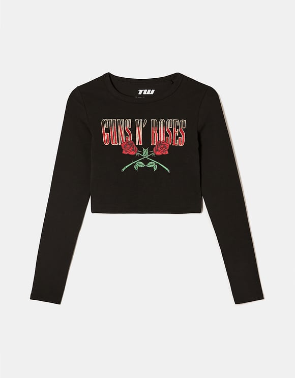 Ladies Black Guns & Roses Cropped T-Shirts-Front View