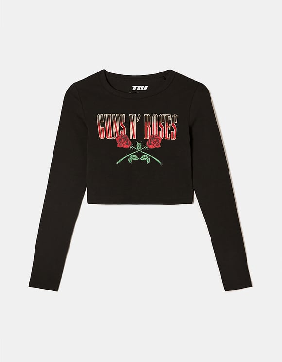 Tally Weijl Black Guns & Roses Cropped T-Shirts Black detail view
