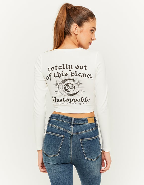 Ladies White Printed Cropped T-Shirt-Model Back View