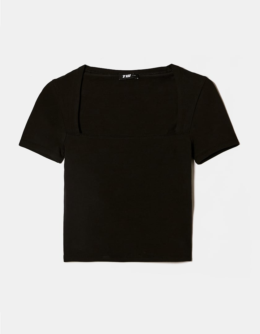 Ladies Black Basic T-Shirt With Side Neckline-Front View