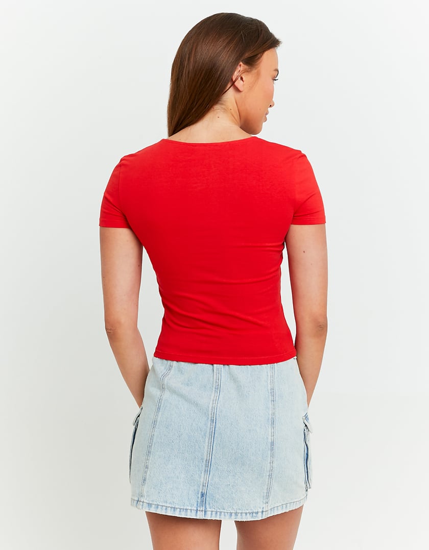 Ladies Red Basic T-Shirt With Side Neckline-Model Back View
