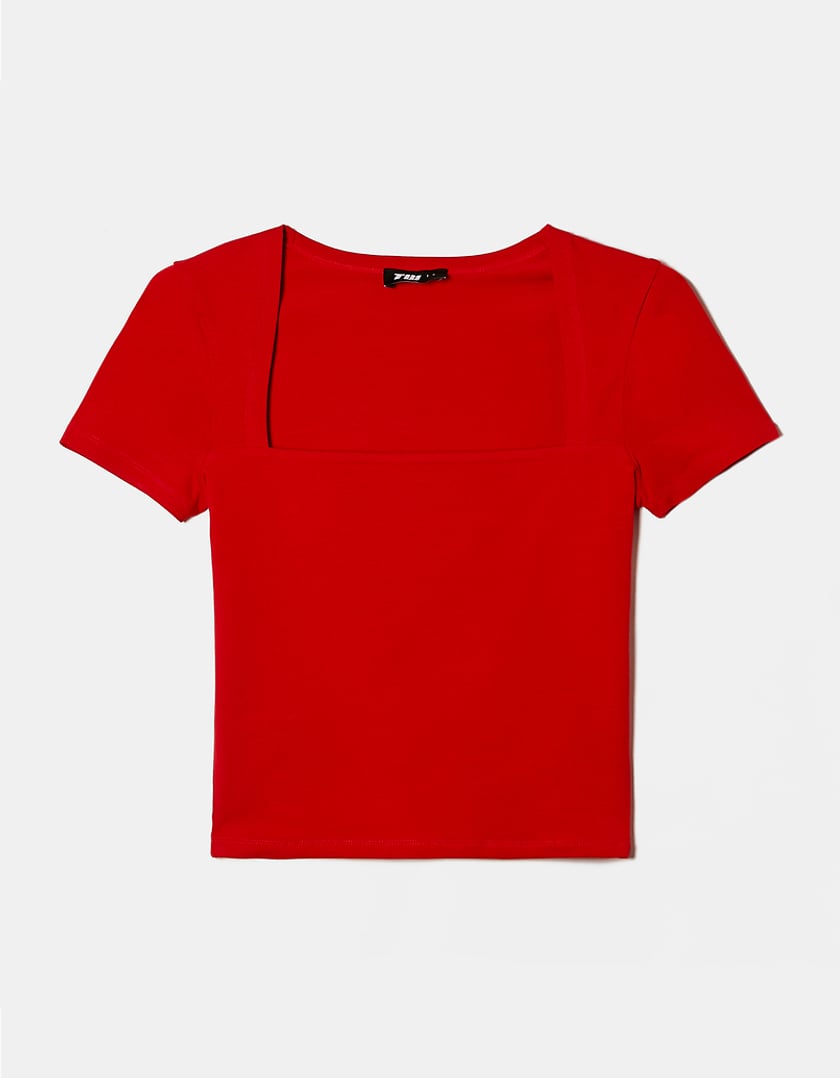 Ladies Red Basic T-Shirt With Side Neckline-Front View