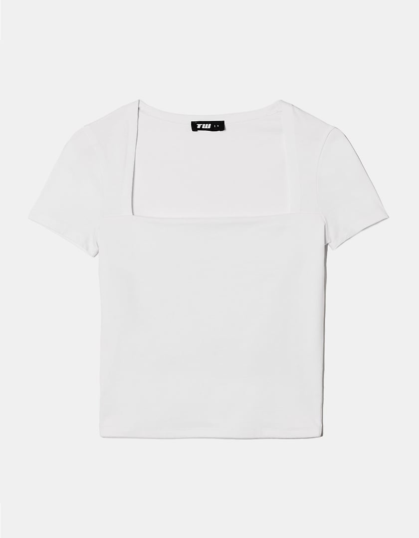 Ladies White Basic T-Shirt With Side Neckline-Front View