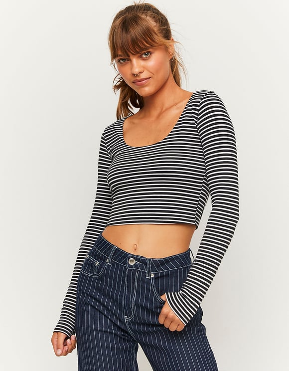 Ladies Basic Stripped Cropped Top-Front View
