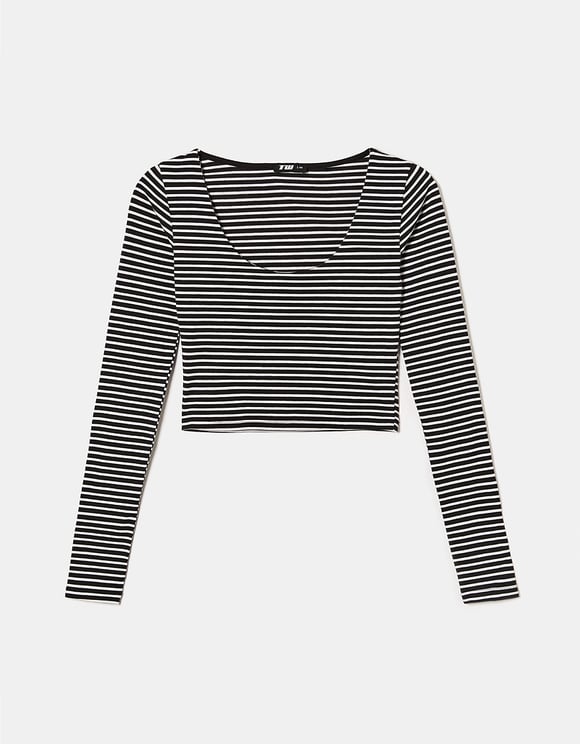 Ladies Basic Stripped Cropped Top-Ghost Front View