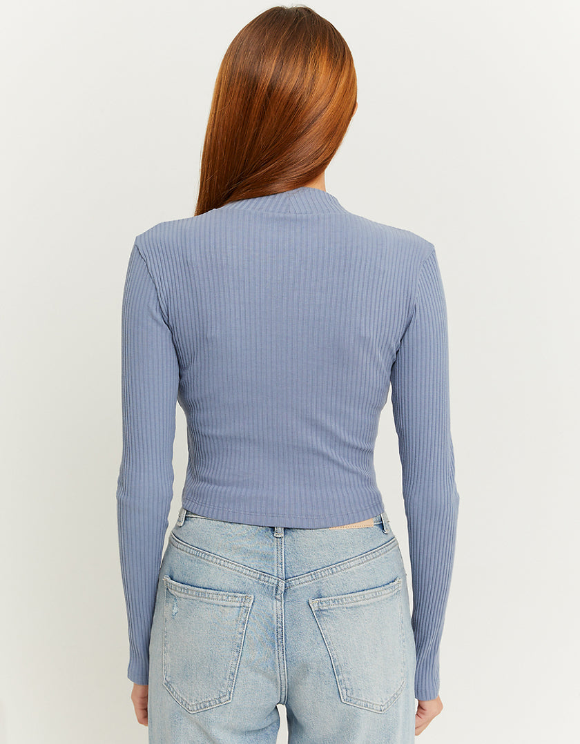 Ladies Blue Ribbed Basic T-Shirt-Model Back View