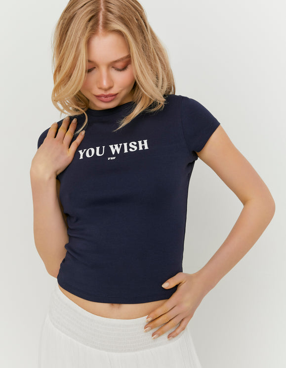 Tally Weijl Blue Printed T Shirt, closer view on model