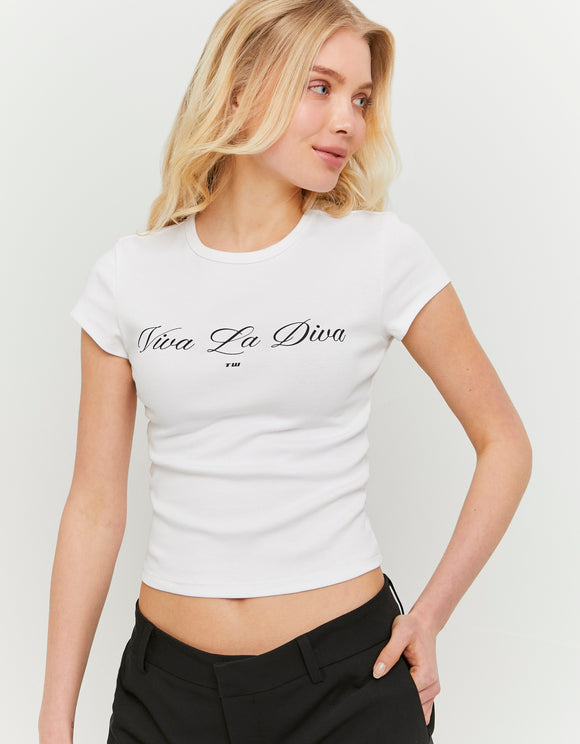 Tally Weijl White Printed T Shirt, front view on model