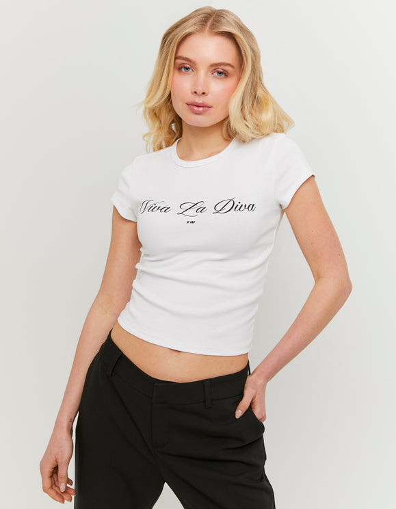 Tally Weijl White Printed T Shirt, front view on model 2