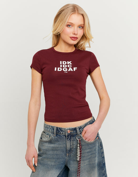 Tally Weijl Burgundy Printed T Shirt, front view on model
