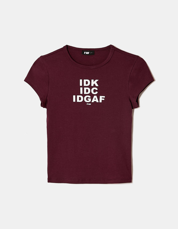 Tally Weijl Burgundy IDK Printed T-Shirt Burgundy side view