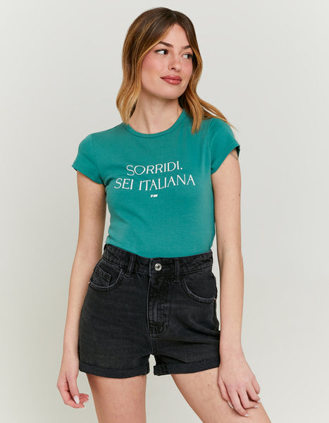 Ladies Green T-Shirt With Print-Model Full Front View