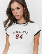 Ladies White Printed Athleisure 84 T-Shirt-Close Up View