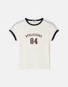 Ladies White Printed Athleisure 84 T-Shirt-Layed Flat View