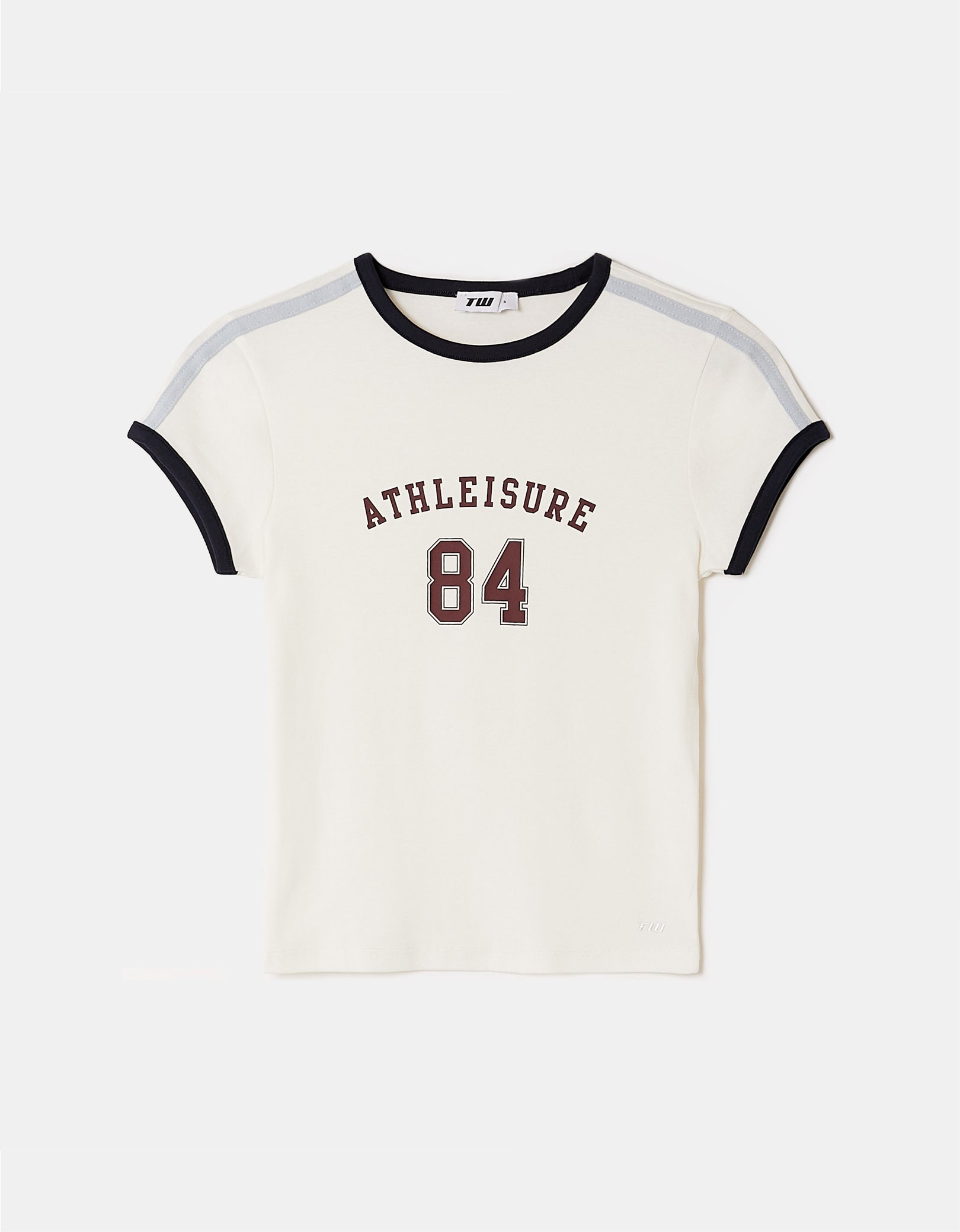 Ladies White Printed Athleisure 84 T-Shirt-Layed Flat View