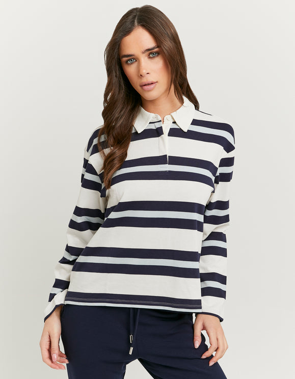 Tally Weijl white and navy striped long sleeve T-shirt with collar, worn by model, front view