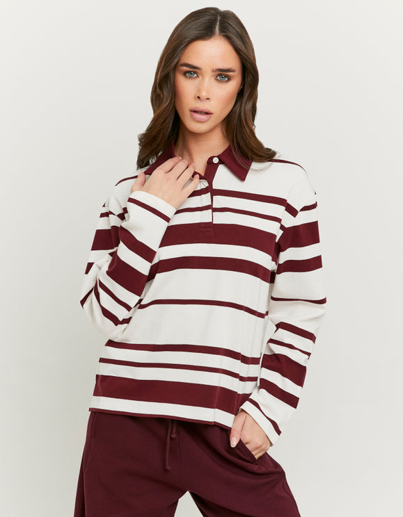 Tally Weijl burgundy striped T shirt in white and burgundy, worn by model, front view