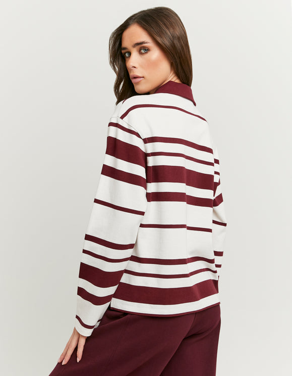 Tally Weijl burgundy striped T shirt in white and burgundy, worn by model, back view