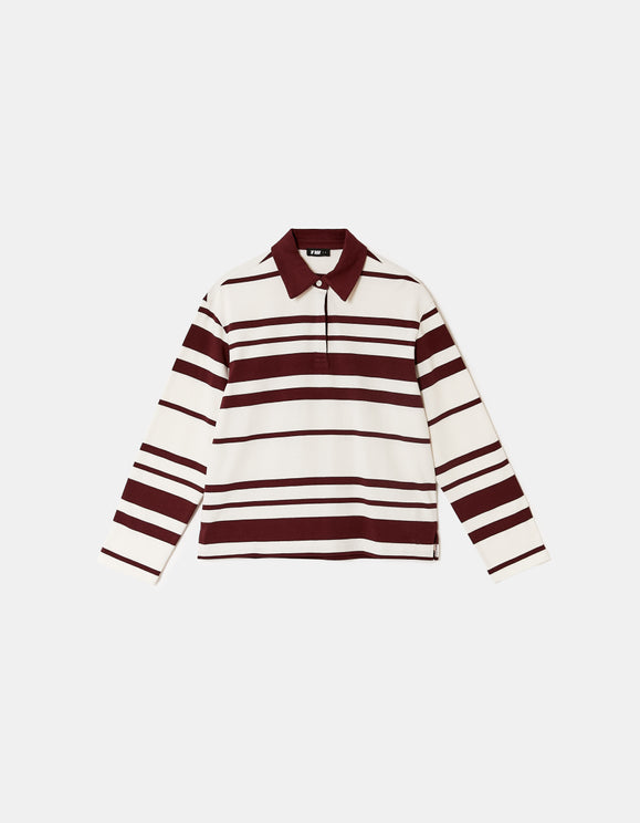 Tally Weijl burgundy striped T shirt in white and burgundy, front view