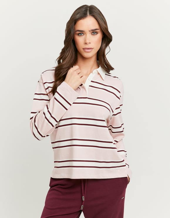 Tally Weijl pink and white striped long sleeve T-shirt with collar, worn by model, front view